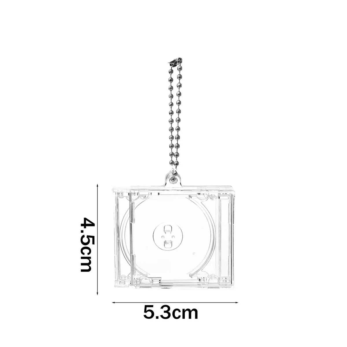 A clear plastic mini CD keychain with a chain attached, measuring 4.5cm by 5.3cm.