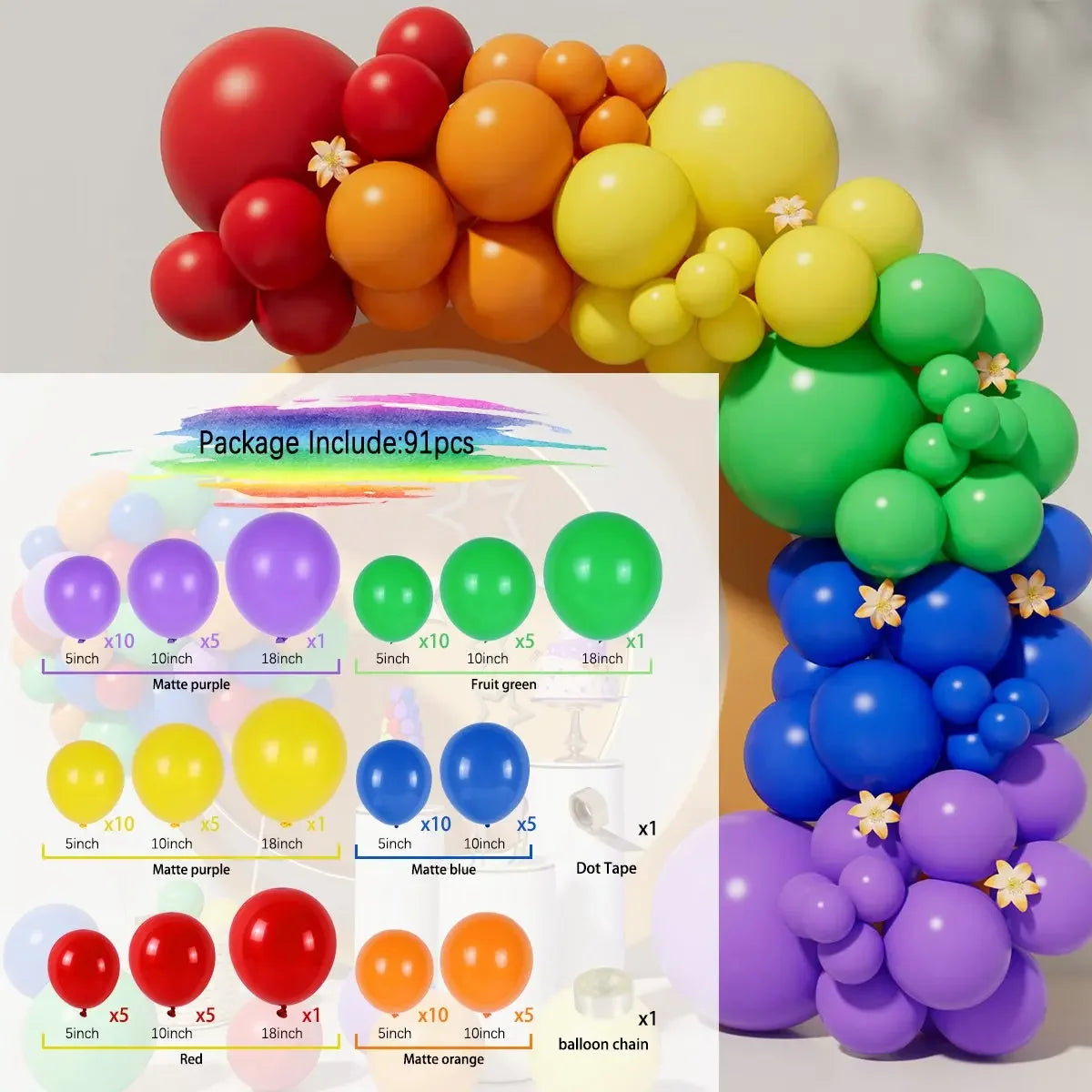 A collection of colorful balloons in various shades including red, orange, yellow, green, and purple arranged for a party dec