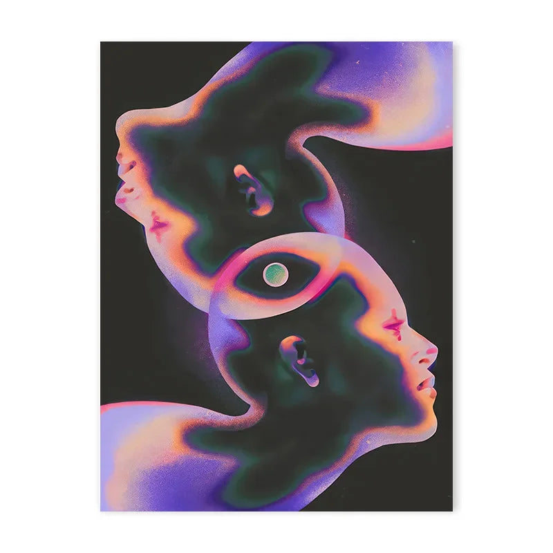 Abstract painting featuring a stylized profile of a face with glowing purple and pink hues against a dark background.