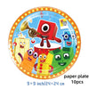 A colorful paper plate decoration set featuring a red block character and yellow building blocks for a birthday party.