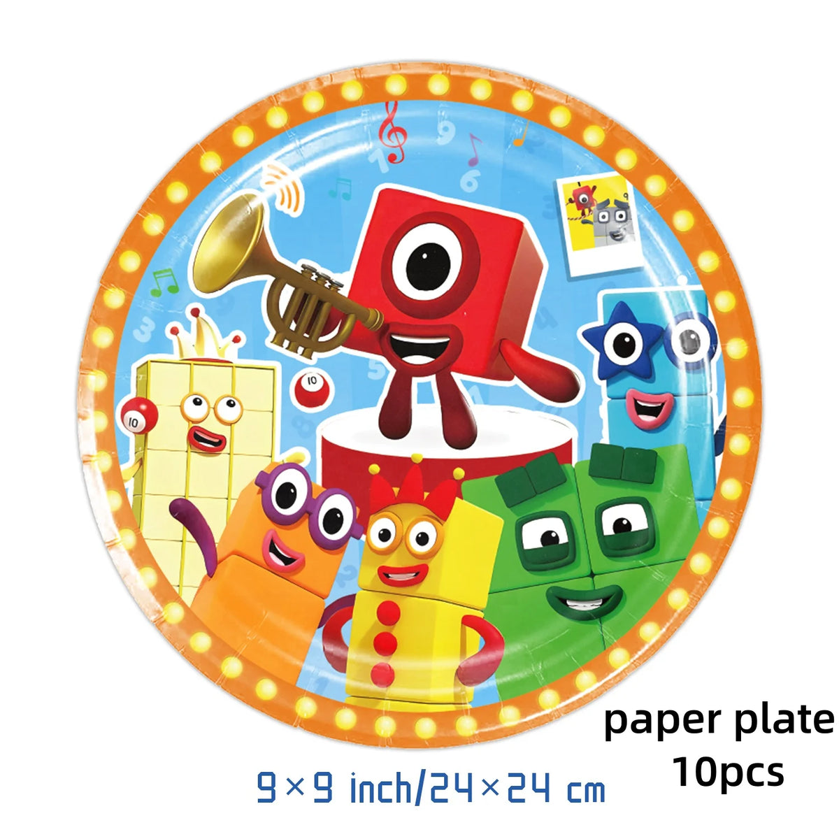 A colorful paper plate decoration set featuring a red block character and yellow building blocks for a birthday party.