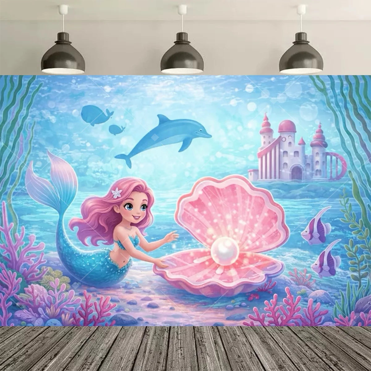 A vibrant digital illustration of a mermaid with pink hair and a large pink seashell, set against an underwater scene.