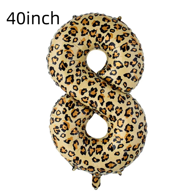 A 40 inch leopard print number balloon shaped like the number 8.