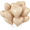 A cluster of light beige heart-shaped foil balloons tied together for a celebration.