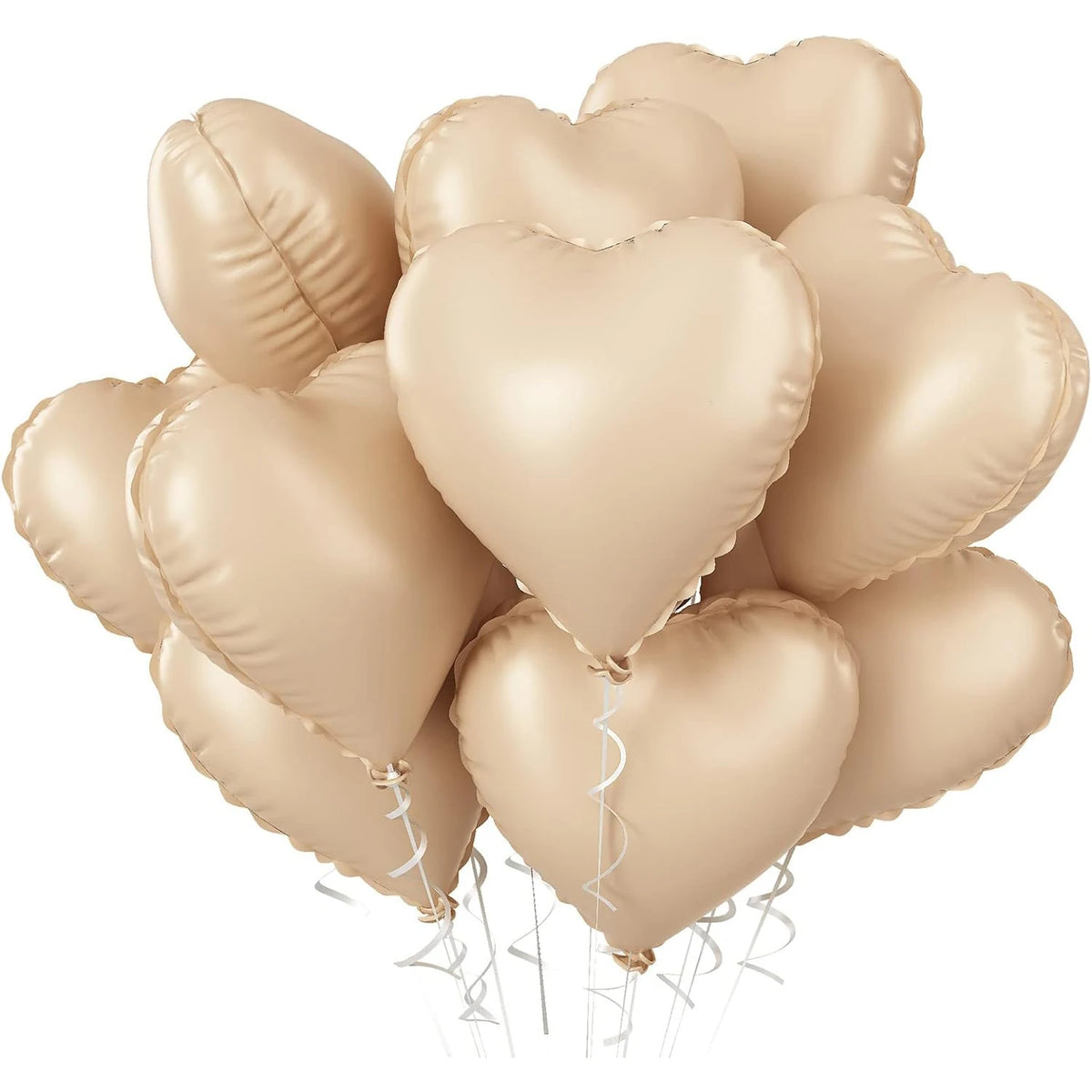 A cluster of light beige heart-shaped foil balloons tied together for a celebration.