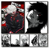 A collage of various dark and intense anime characters, including Tokyo Ghoul figures, displayed as wall art posters.