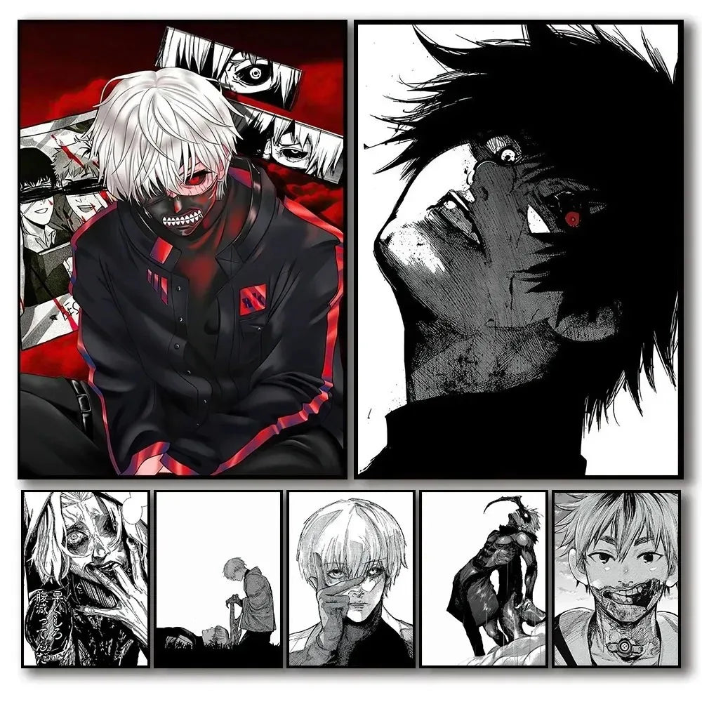A collage of various dark and intense anime characters, including Tokyo Ghoul figures, displayed as wall art posters.