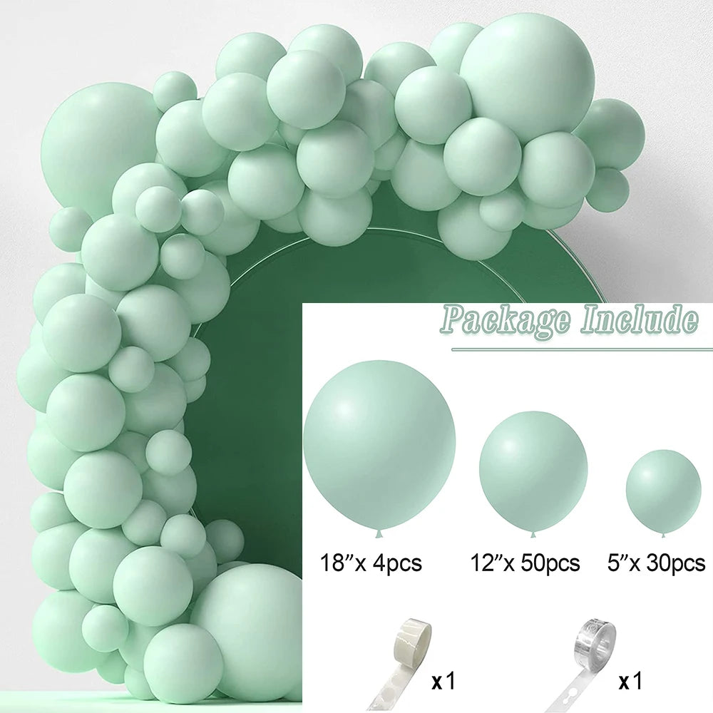 A green balloon garland arch kit featuring light mint green balloons and accessories.