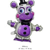 A purple and white foil balloon shaped like a bear with large eyes and a black nose.