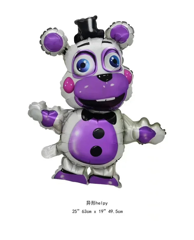 A purple and white foil balloon shaped like a bear with large eyes and a black nose.
