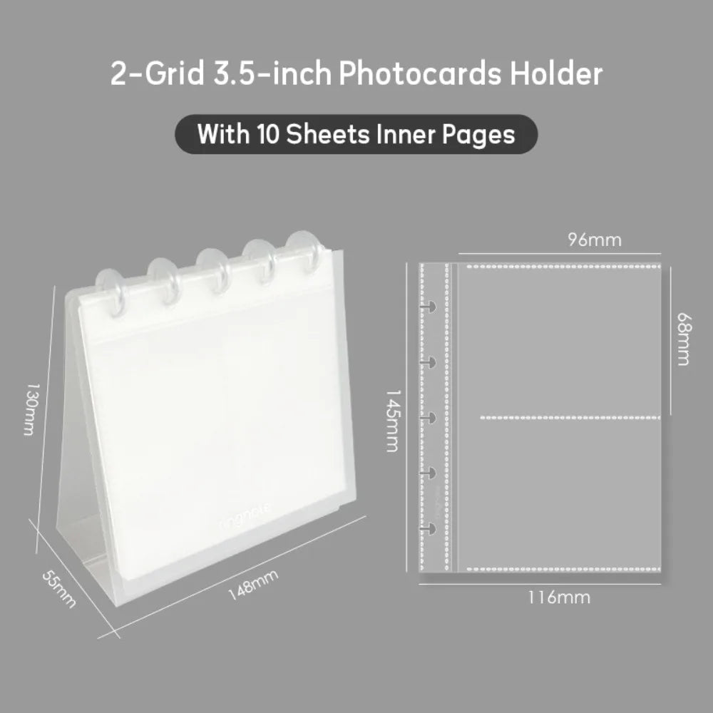 A 2-Grid 3.5-inch photocard holder with 10 sheets inner pages shown in a vertical transparent organizer.