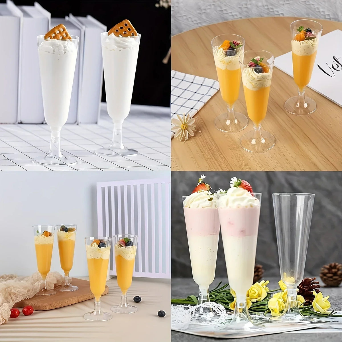 Elegant disposable champagne glasses filled with layered fruit and cream for events