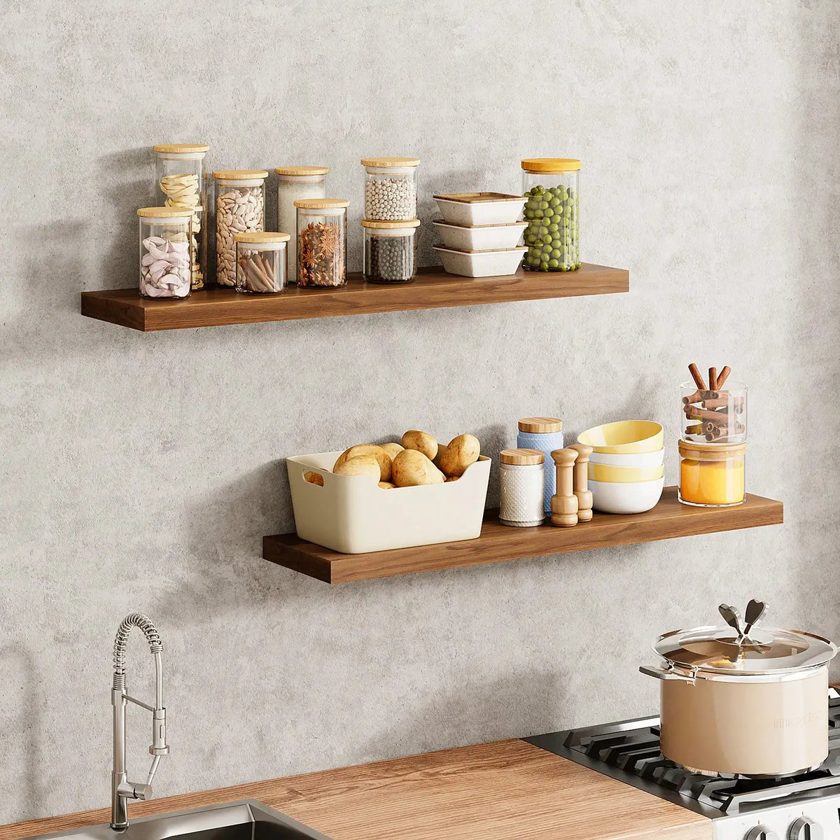 Two wooden floating shelves display various dry goods like grains and dried fruits.
