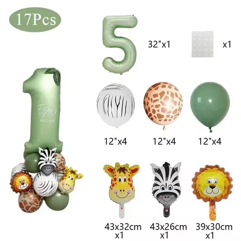 Safari jungle birthday balloon arch kit featuring sage green number balloons and animal-themed balloons.