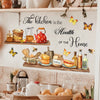 A wooden shelf decorated with butterfly wall decals and kitchen decor items like jars, pots, and spices.
