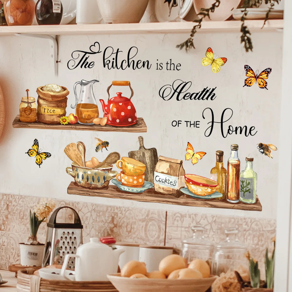 A wooden shelf decorated with butterfly wall decals and kitchen decor items like jars, pots, and spices.