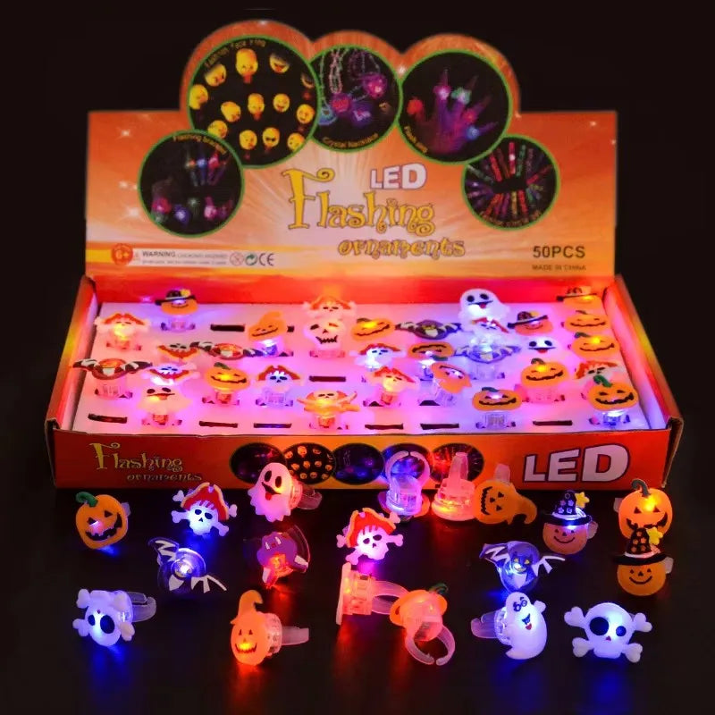 A box of LED flashing Halloween glow rings and accessories for parties