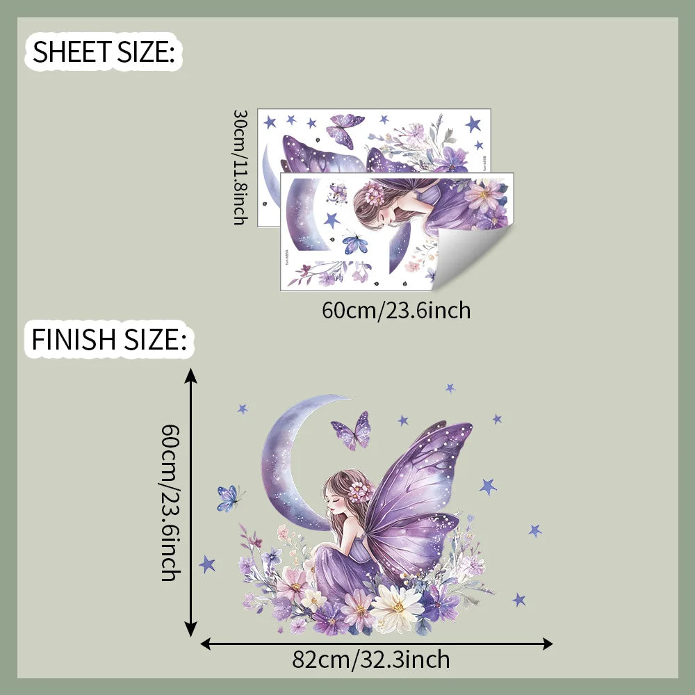 A sheet of butterfly fairy moon wall decals showing a purple butterfly and a woman under a crescent moon