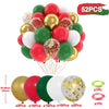A collection of 52 balloons in various colors including red, green, gold, and white with metallic pearl accents for party dec