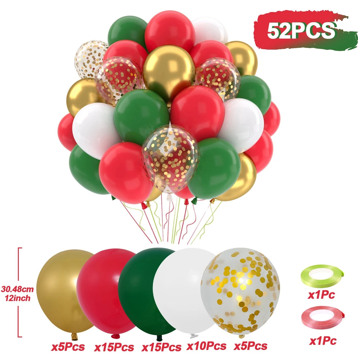 A collection of 52 balloons in various colors including red, green, gold, and white with metallic pearl accents for party dec