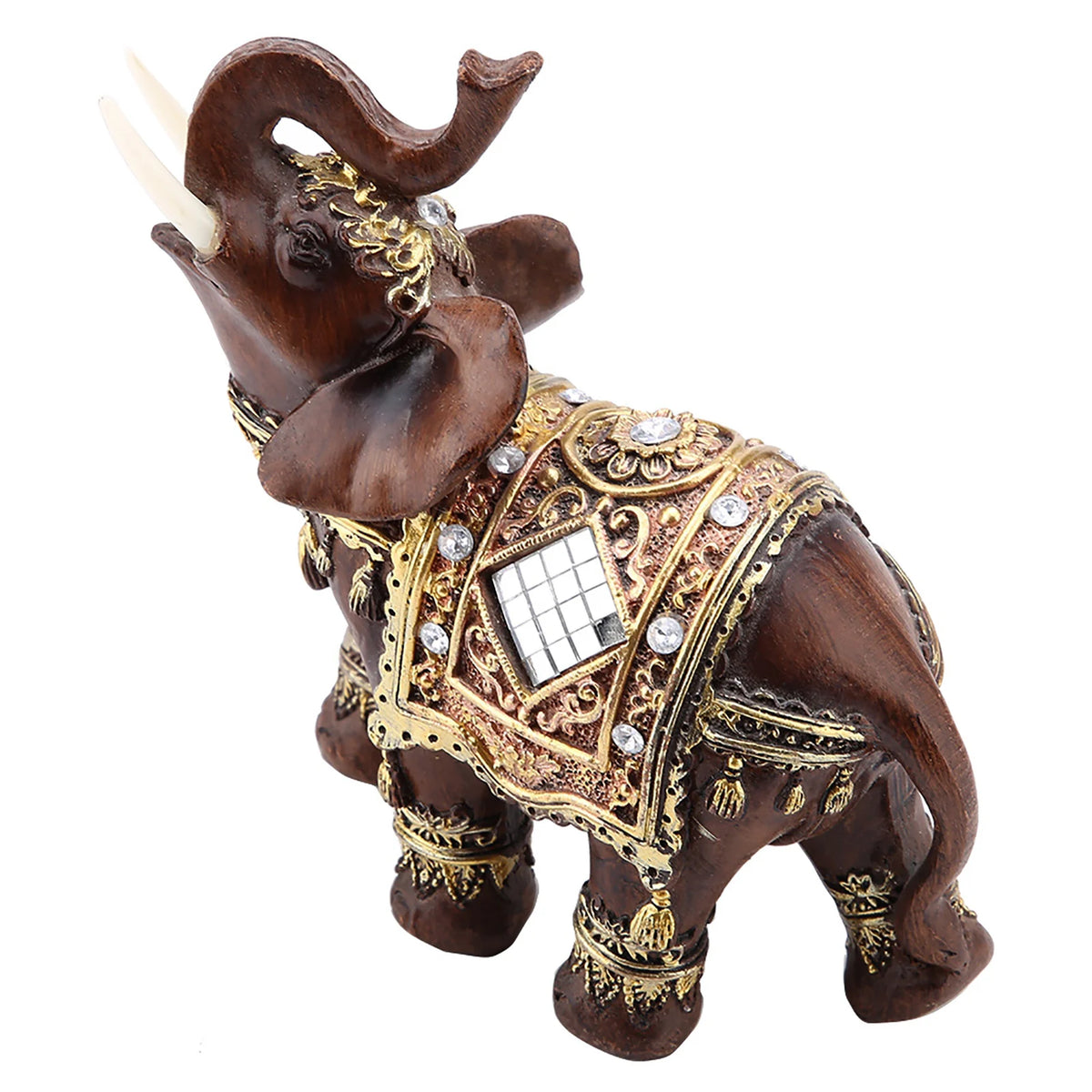 Dunkelbraunes traditionelles chinesisches Feng-Shui Elefantenstatue mit Goldverzierung und Juwelen.