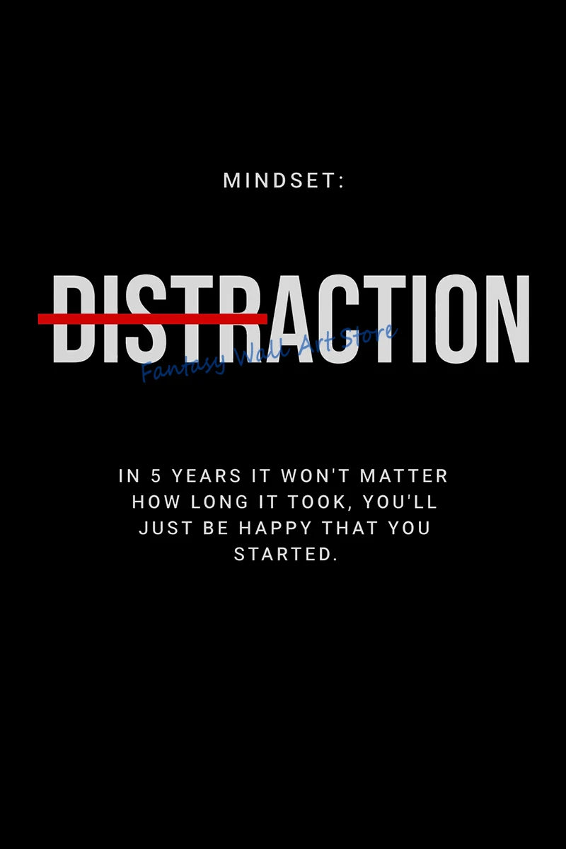 Black background with white text reading Mindset: Distraction and a quote about starting.