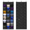 A display of various colored hats organized in a grid for storage.