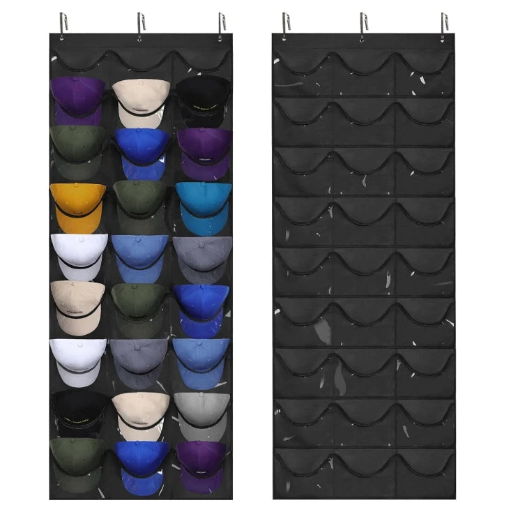 A display of various colored hats organized in a grid for storage.