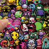 A dense collage of colorful gothic and horror-themed stickers featuring skulls, monsters, and spooky faces.