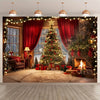 Festive Christmas tree and fireplace backdrop banner featuring a decorated tree, red curtains, and a stone fireplace.