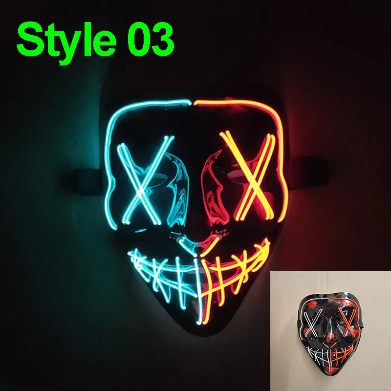 A glow-in-the-dark LED purge mask shaped like a skull with glowing neon lines mounted on a dark background.