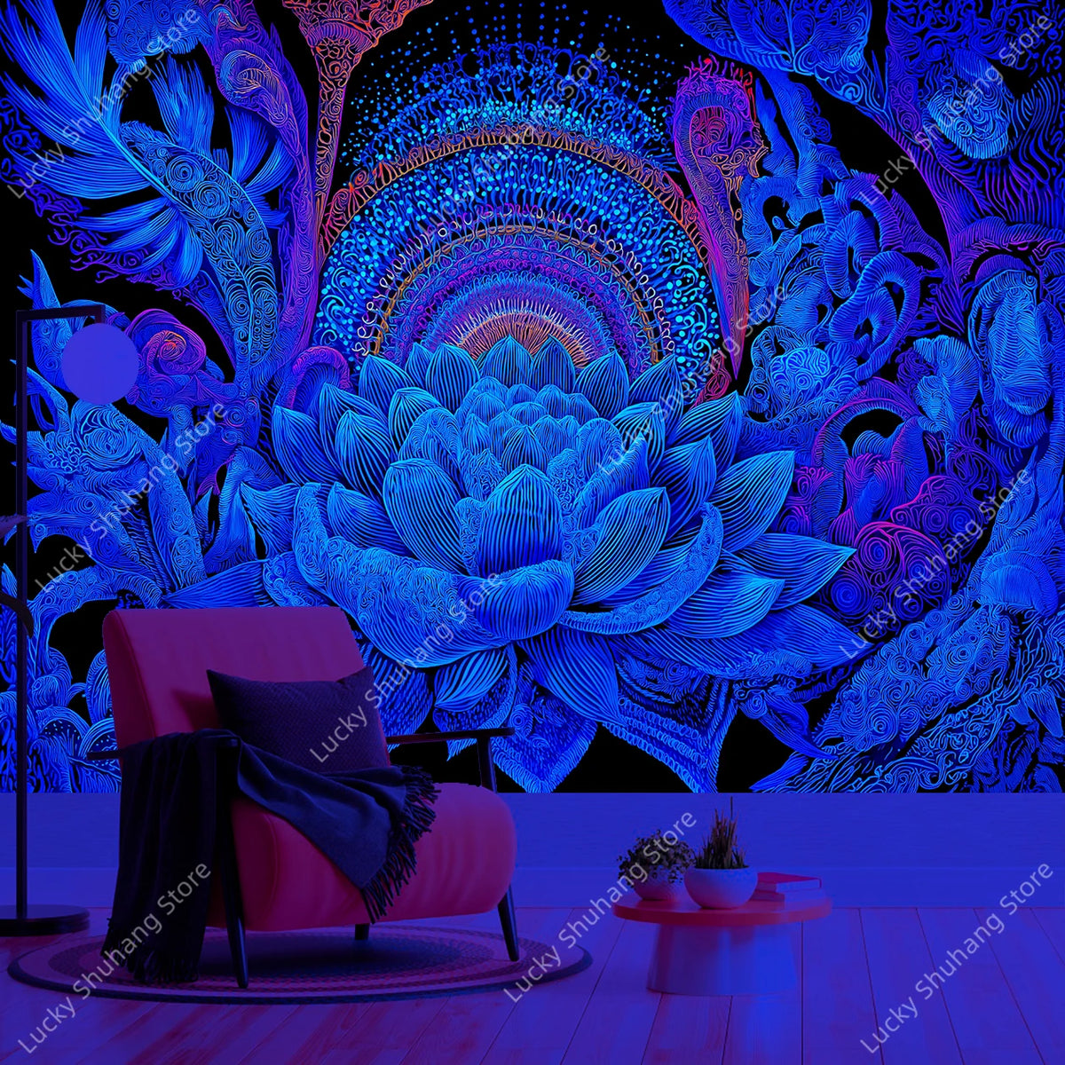 A vibrant blue and purple psychedelic tapestry featuring glowing geometric patterns and a large floral design.