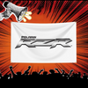 A white banner featuring the Polaris RZR logo displayed against a background of orange light rays and a silhouette of cheerin