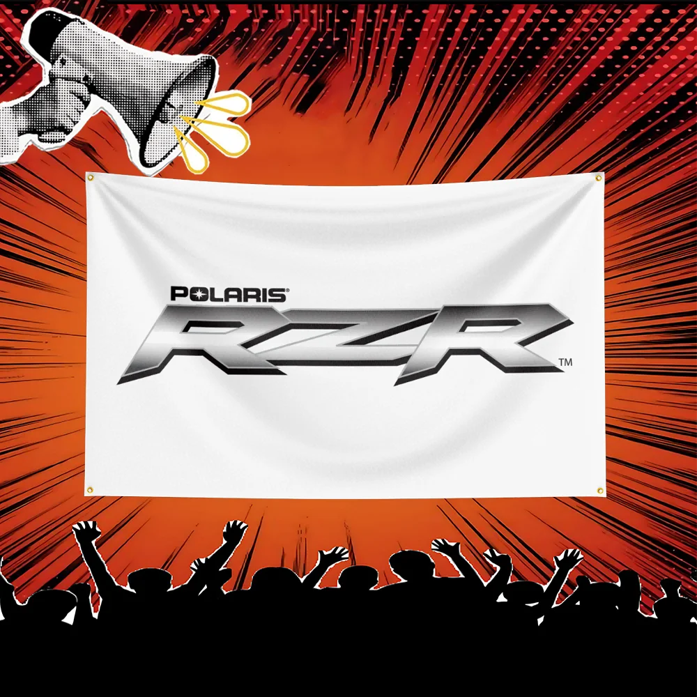A white banner featuring the Polaris RZR logo displayed against a background of orange light rays and a silhouette of cheerin