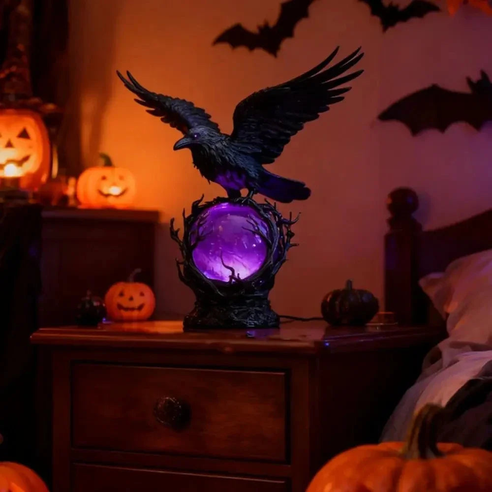 A dark sculpture of a raven with spread wings sits atop a base emitting a purple glow.