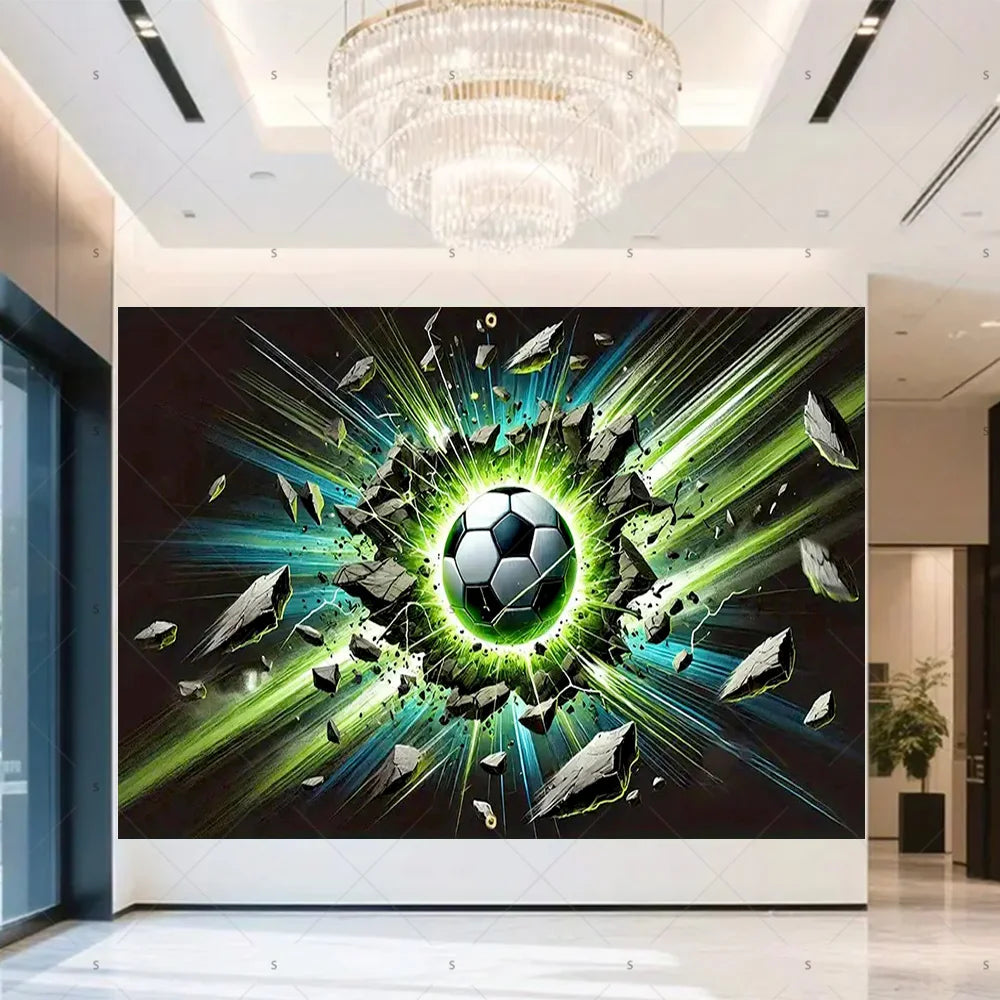 A dark backdrop featuring a soccer ball surrounded by trophies and crowns, illuminated by bright green light beams.