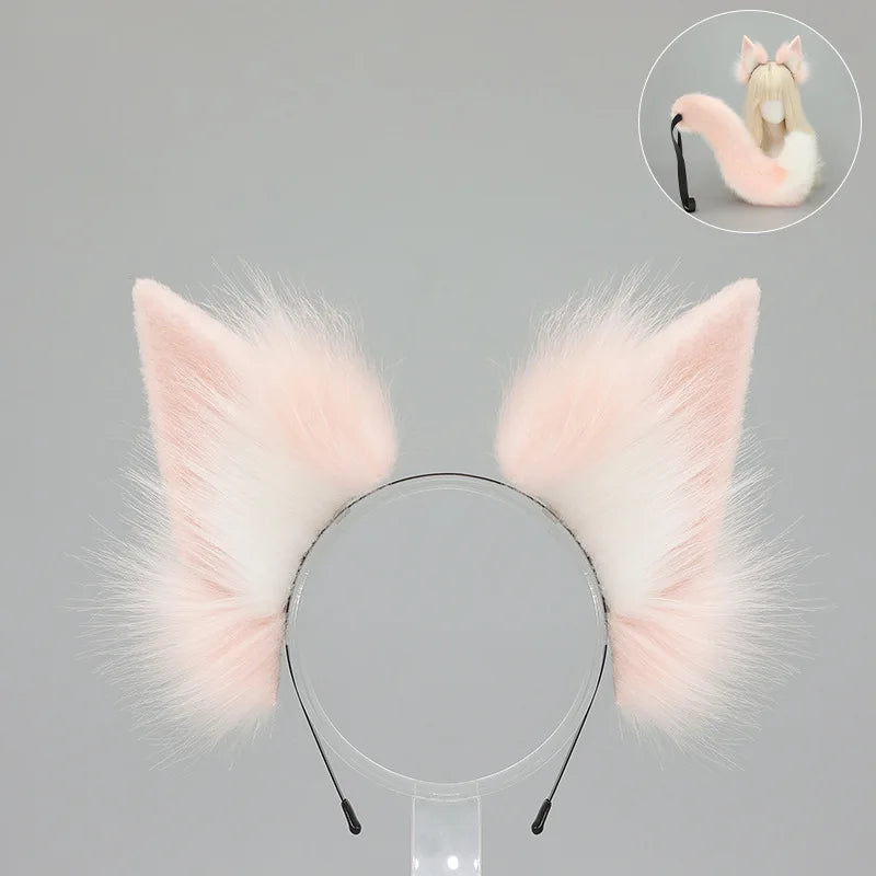 A set of faux fur fox tail and ear costume pieces, pink in color.