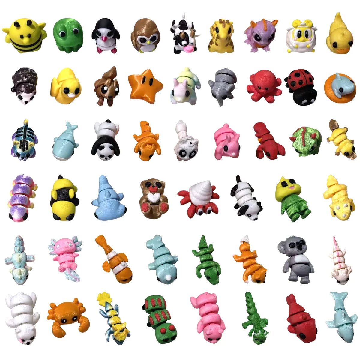 A collection of various articulated mini animal figurines in different colors and styles.