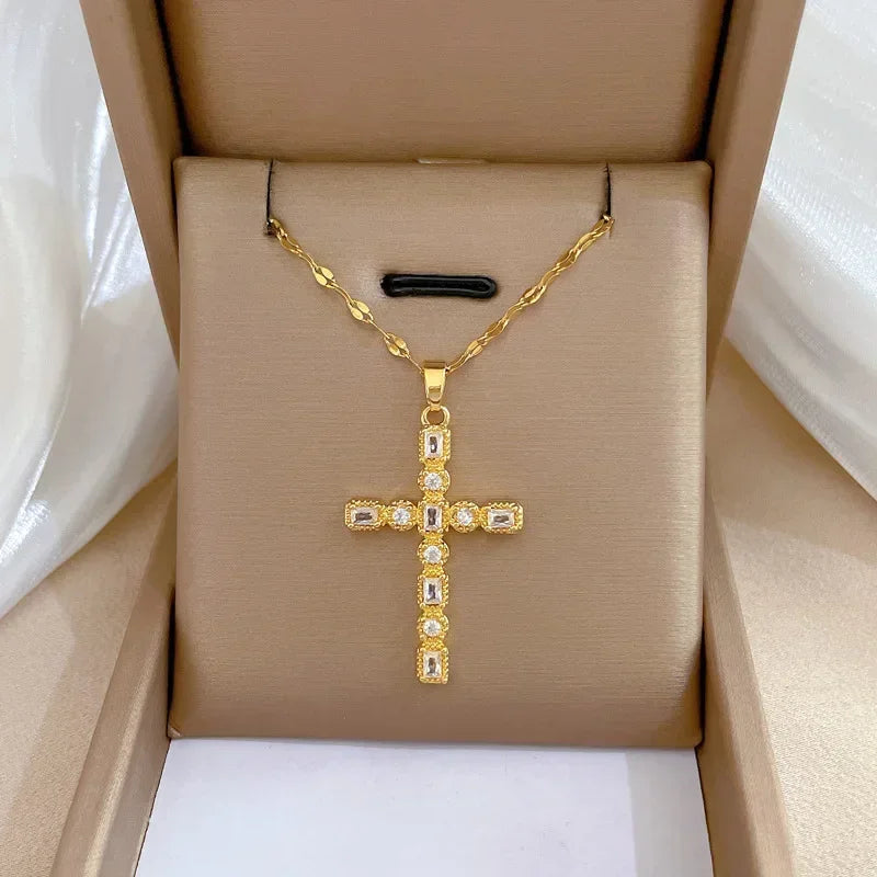Gold Stainless Steel Crystal Cross Pendant Necklace
