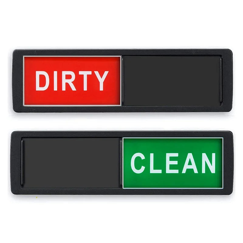 Two rectangular magnetic signs, one red labeled DIRTY and one green labeled CLEAN.