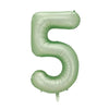 A large, light green foil balloon shaped like the number five.