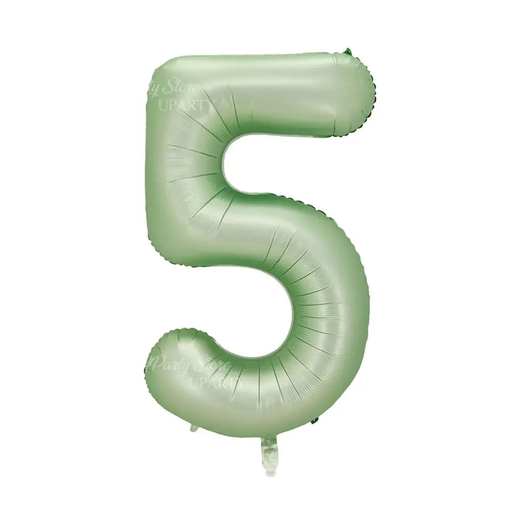 A large, light green foil balloon shaped like the number five.