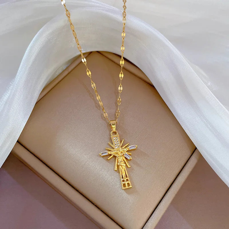 Gold Stainless Steel Crystal Cross Pendant Necklace