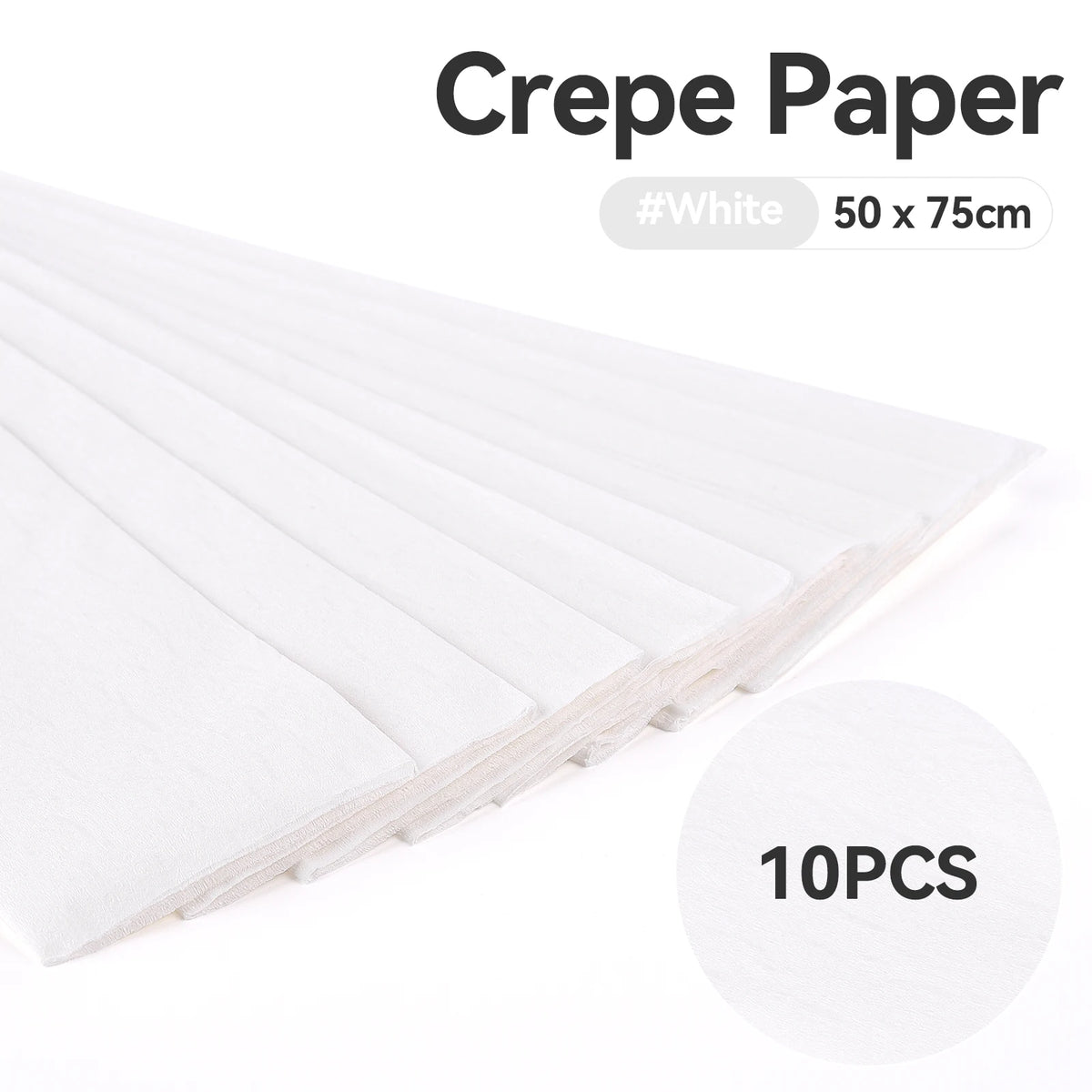 A stack of white crepe paper sheets, measuring 50 x 75cm, is shown in a diagonal view.
