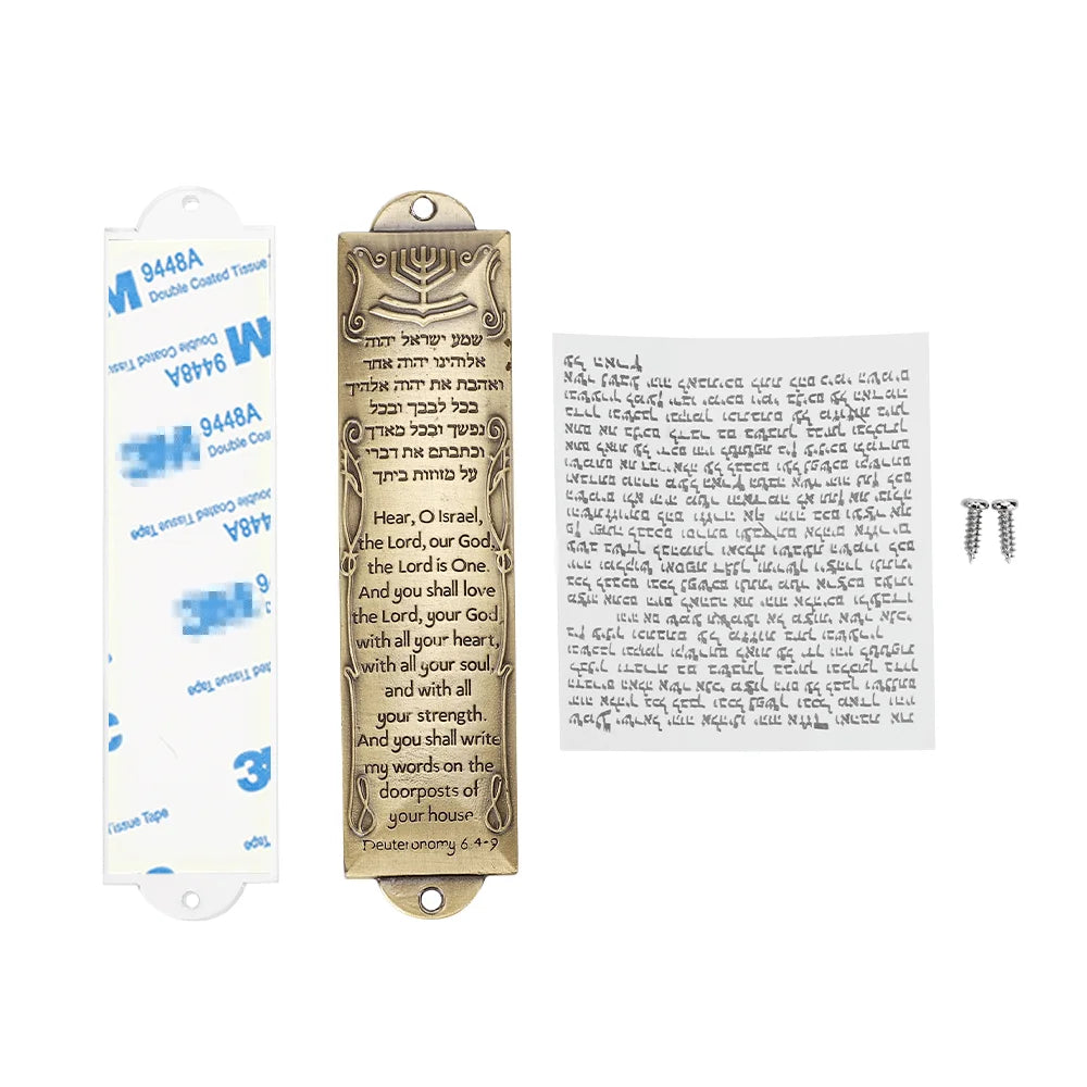 A decorative mezuzah case with a scripture scroll and peel-and-stick mounting for a door.