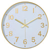 A minimalist gold-toned wall clock face with white background and Roman numerals displaying the time.