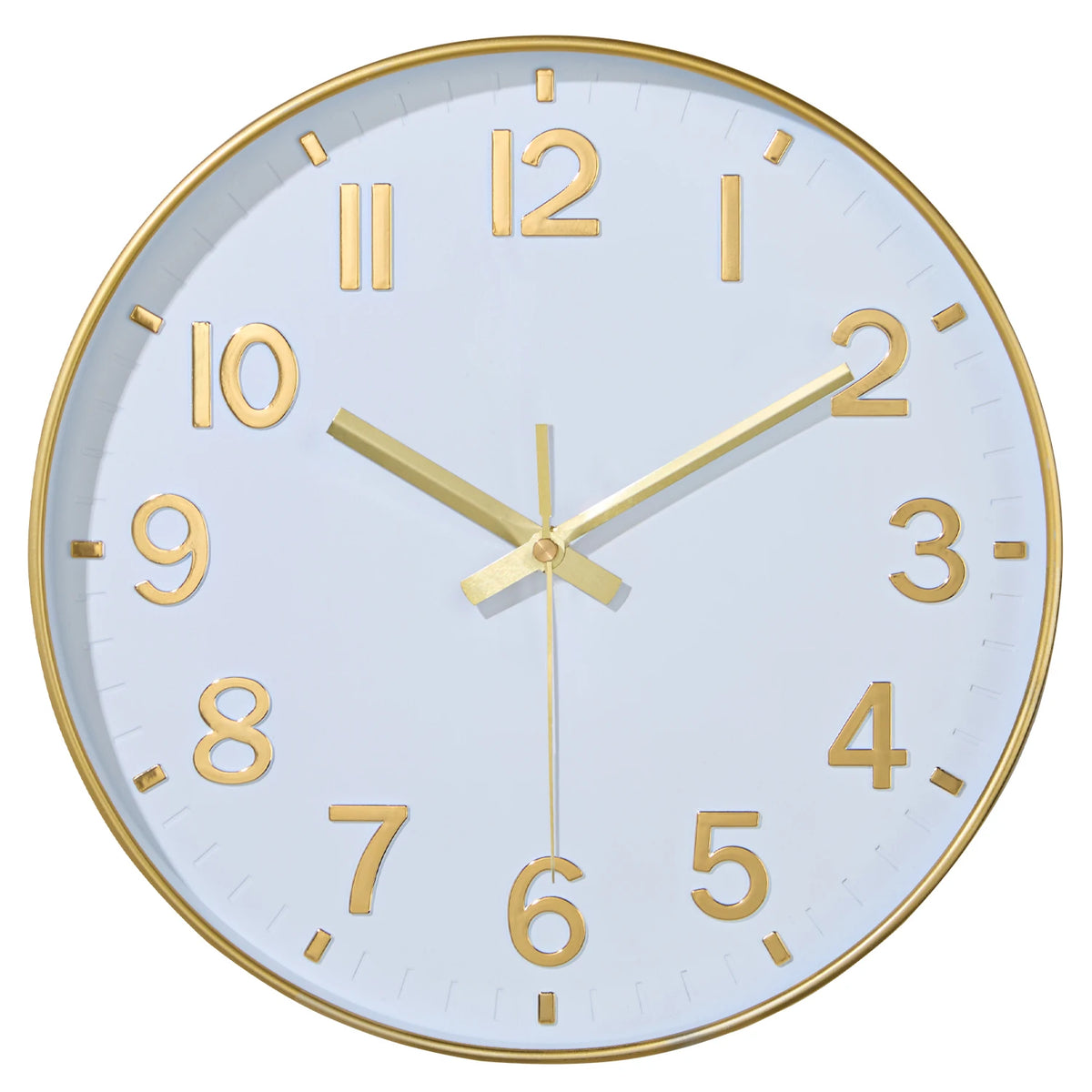 A minimalist gold-toned wall clock face with white background and Roman numerals displaying the time.