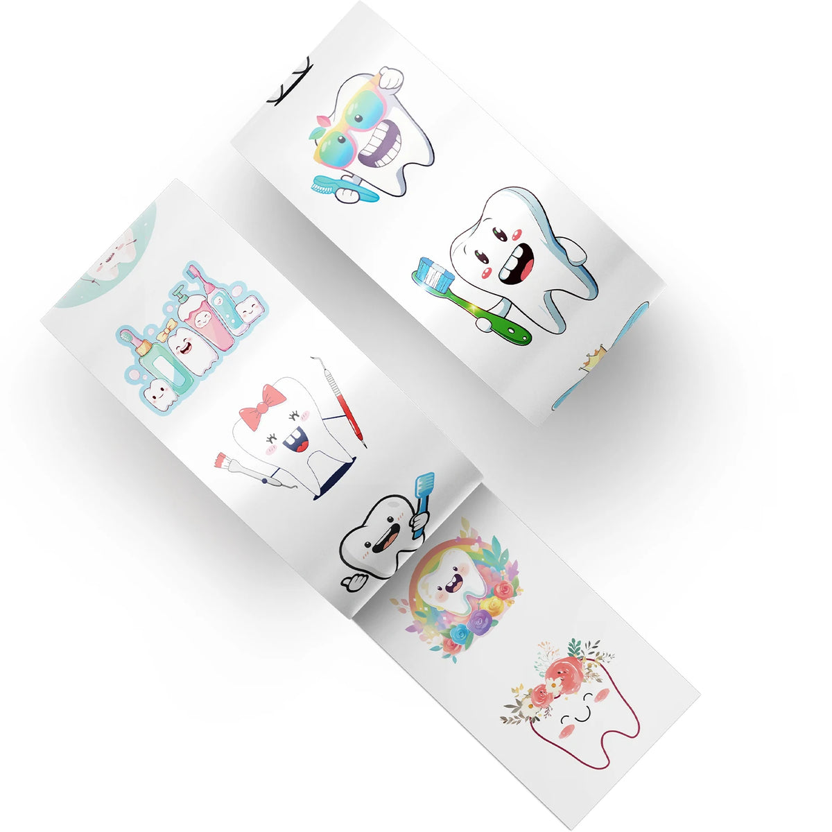 A roll of cartoon tooth fairy stickers featuring various cute tooth-themed illustrations for kids and teens.