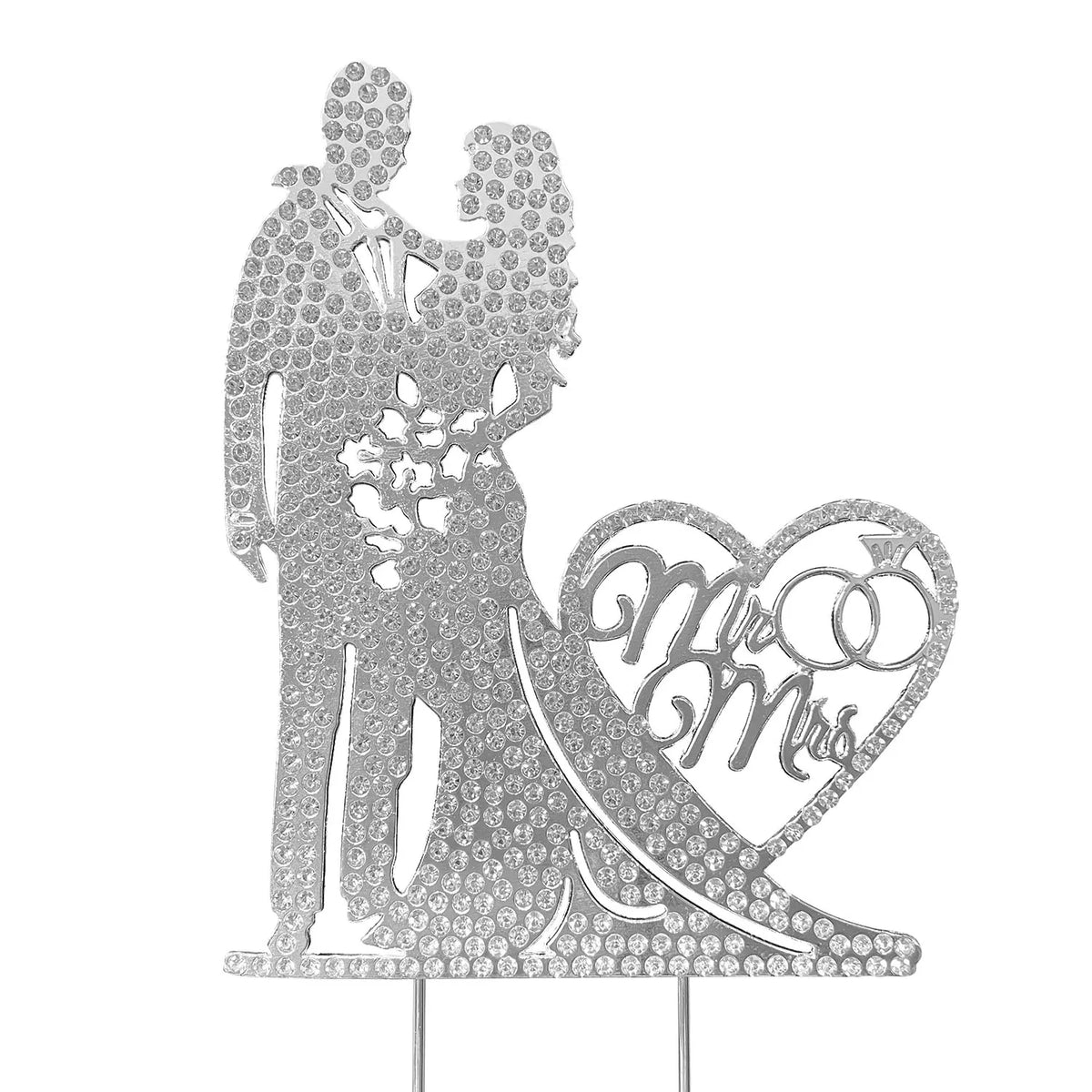 Silver crystal embellished Mr and Mrs wedding cake topper featuring a couple silhouette and a heart design