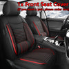A set of black and red front seat covers for a car, showing the seat upholstery and interior.